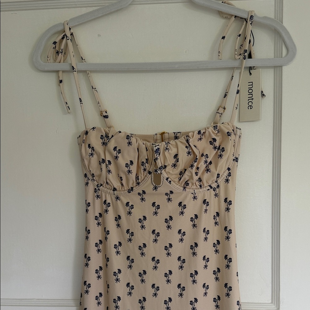 Montce Cream Mini Dress with Navy Floral Print and Tie Straps